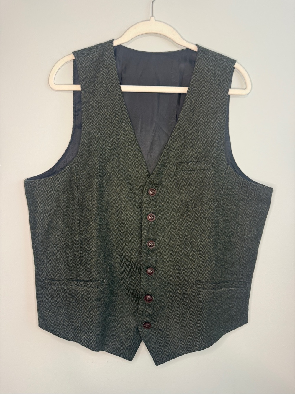 Wool Blend Olive Green Tweed Herringbone Voboom Vest Men’s XL